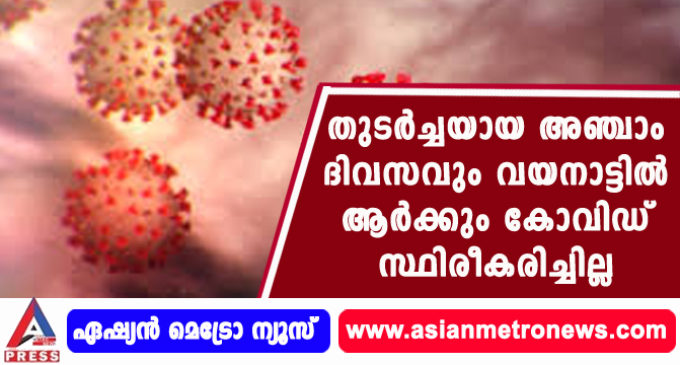തുടര്ച്ചയായ അഞ്ചാം ദിവസവും വയനാട്ടില് ആര്ക്കും കോവിഡ് സ്ഥിരീകരിച്ചില്ല.