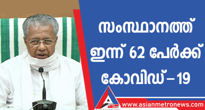 സംസ്ഥാനത്ത് ഇന്ന് 62 പേര്ക്ക് കോവിഡ്-19